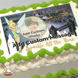 Illustration of Tinker Bell next to a circular placeholder for a photo, printed on a sheet cake.