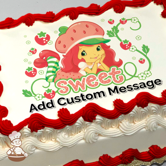 Illustration of Strawberry Shortcake with a hat, surrounded by strawberries, and flowers, with the word "Sweet", printed on a sheet cake.