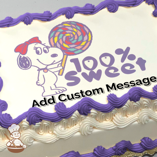 Illustration of a cartoon dog with a red bow, holding a colorful lollipop next to the phrase "100% Sweet," printed on a sheet cake.