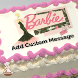 Barbie in a black and pink dress on a cake with a pink Barbie logo and a patterned background, printed on a sheet cake.