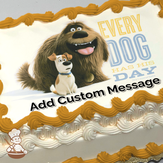 Illustration of two animated dogs, a large shaggy one and a smaller one with a collar, printed on a sheet cake.