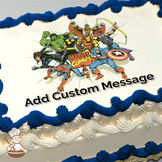 Dynamic Marvel superheroes in action with Spider-Man, Hulk, and Captain America leading, surrounded by friends, printed on a sheet cake.