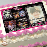 Illustration of Monster High characters with a placeholder for a custom photo, featuring Frankie Stein and friends, on a sheet cake.