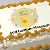 Illustration of Winnie the Pooh and Piglet celebrating with "Happy 1st Birthday" text, gifts, and balloons, printed on a sheet cake.