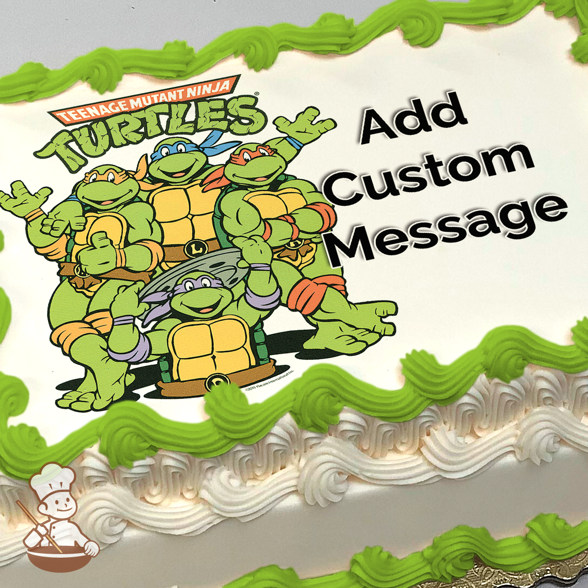 Illustration of Teenage Mutant Ninja Turtles with Leonardo, Michelangelo, and Donatello, standing together, printed on a sheet cake.