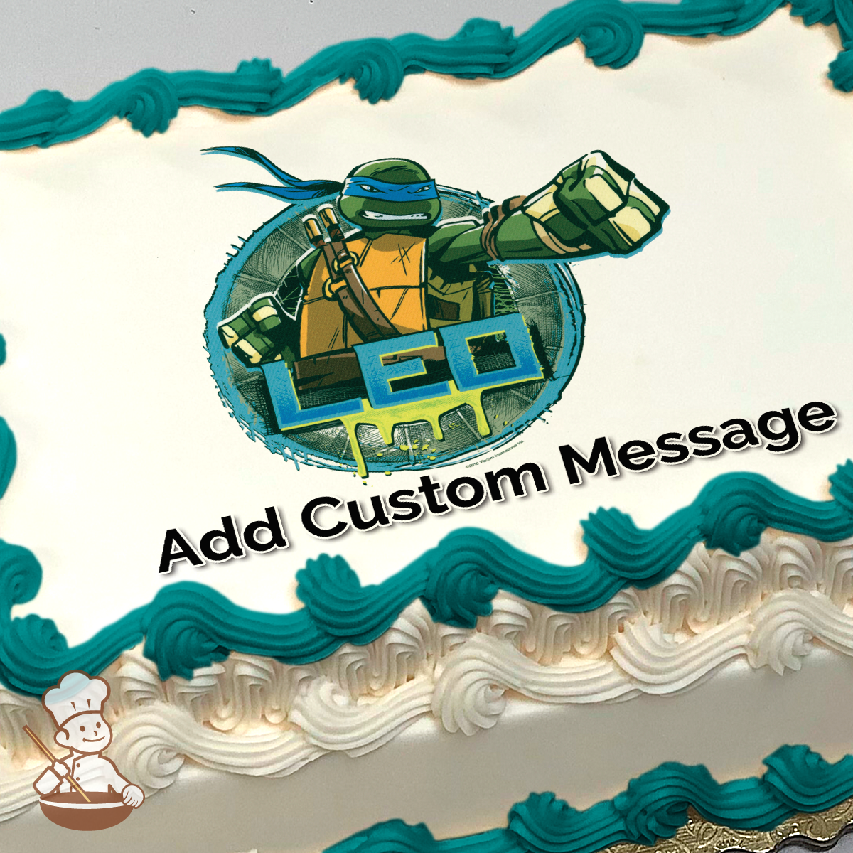 Illustration of Leonardo from Teenage Mutant Ninja Turtles in action pose with his name "LEO" on a stylized badge, printed on a sheet cake.