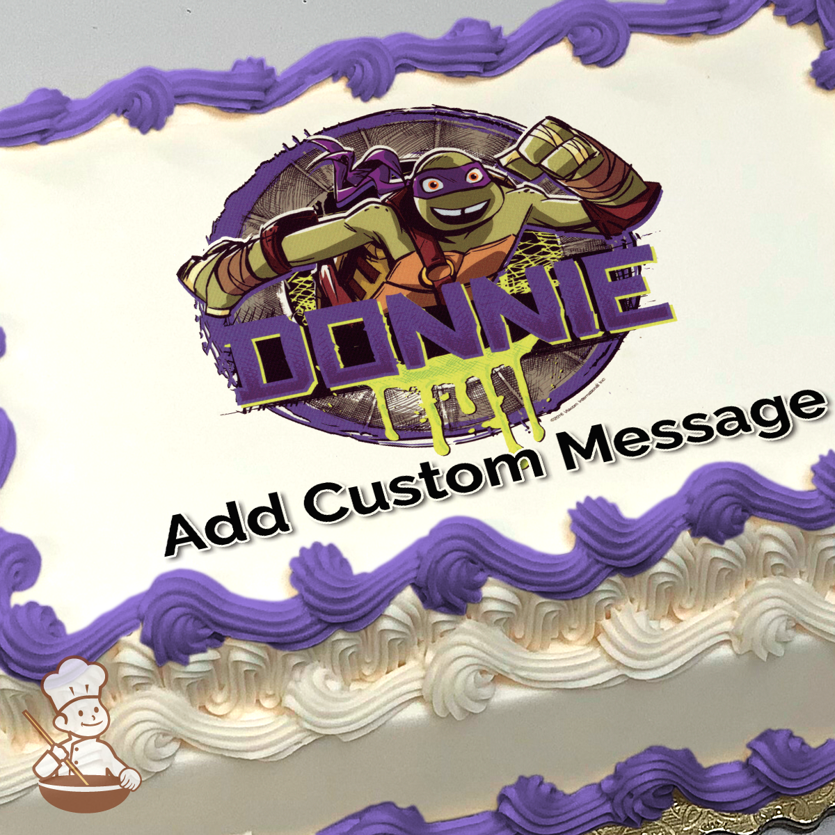 Illustration of Donatello from Teenage Mutant Ninja Turtles with a dynamic pose and a purple-themed background, printed on a sheet cake.