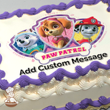 Illustration of Paw Patrol characters Skye, Everest, and Marshall with a pink and purple badge design, printed on a sheet cake.