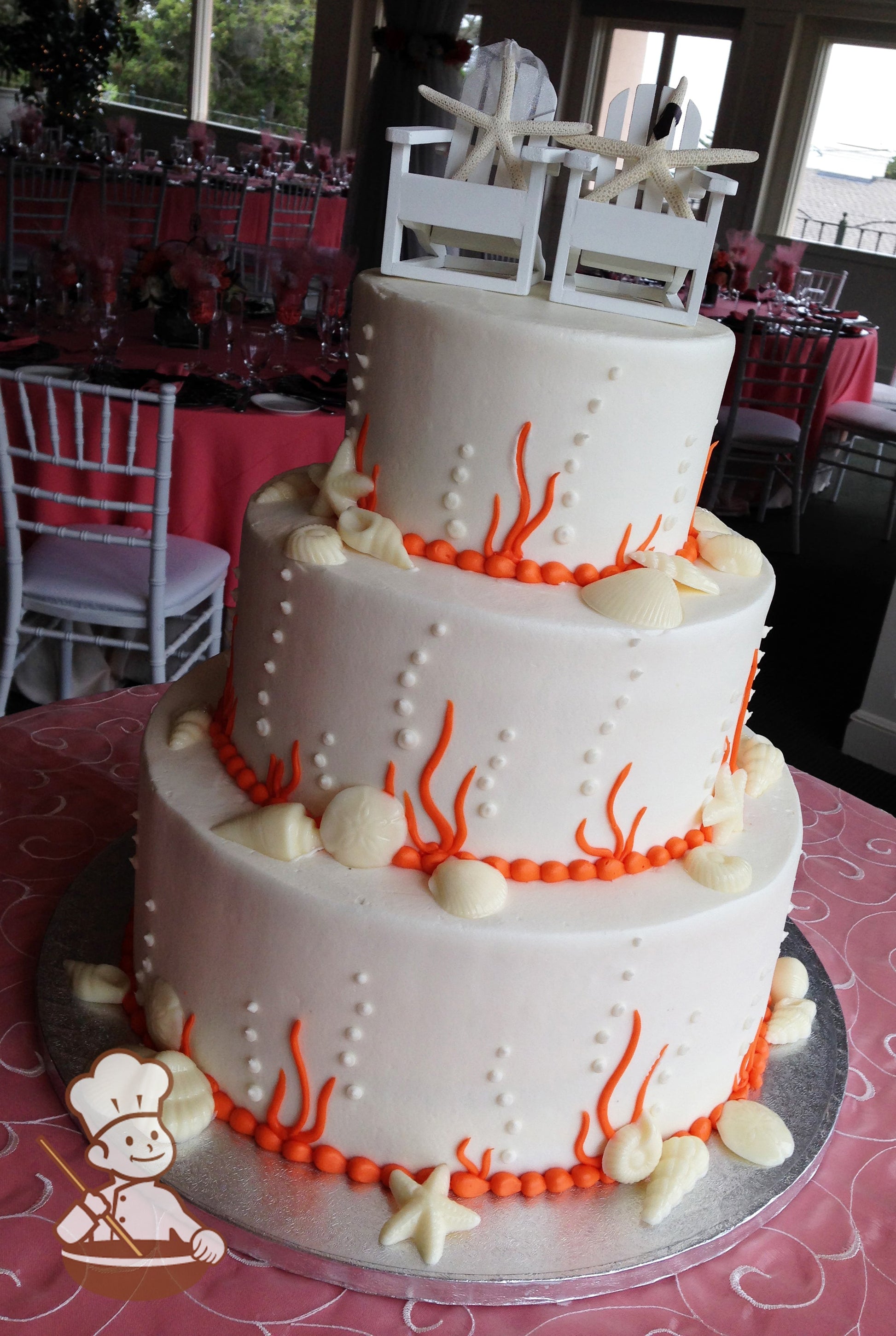 3-tier cake with kelp bubbles and white chocolate sea shells.