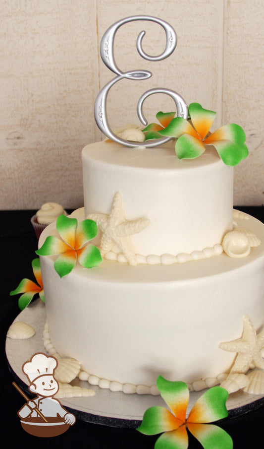 2-tier cake with chocolate sea shells and plumeria sugar flowers.