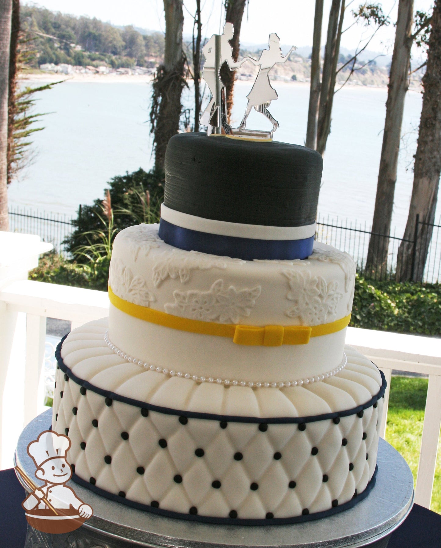 3 tier fondant wedding cake with classic leather car seat pillow pattern and vintage lace decor with fondant bow and band wrap.