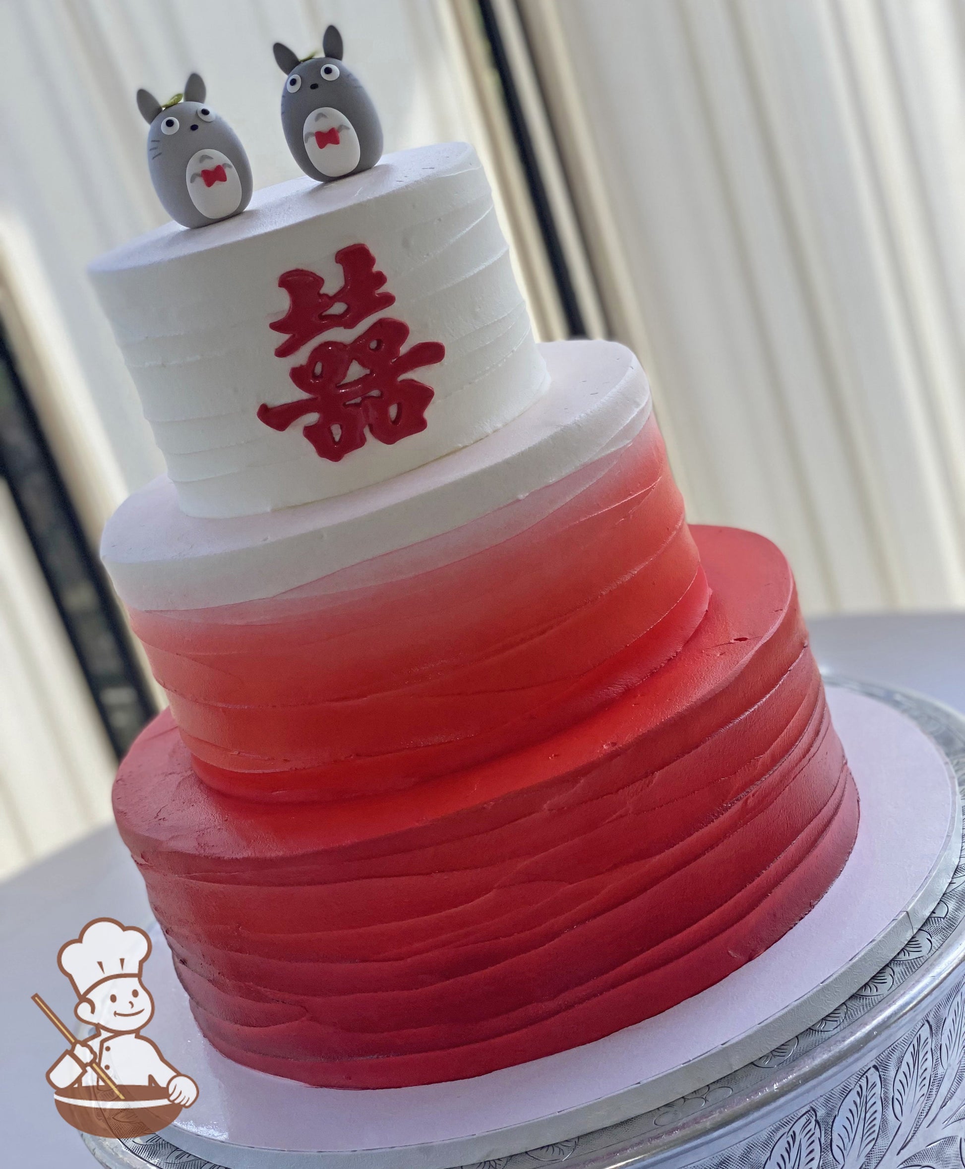 3-tier White Buttercream cake with horizontal texture wall and red gradient. Chinese character double happiness piped on top tier.